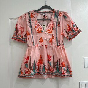 Celina Moon Peach Forest Print Peplum Cotton Top - Small - NWT